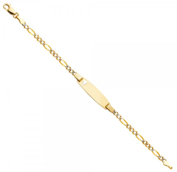 14K 2T Figaro 3+1 WP Baby Oval ID with Heart Bracelet - 6"
