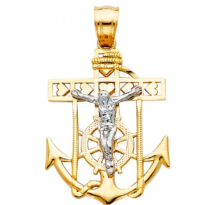 14K 2T Jesus Crucifix Anchor Religious Pendant