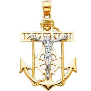14K 2T Jesus Crucifix Anchor Religious Pendant